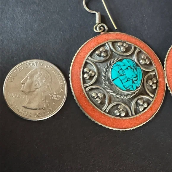 Nepalese Coral and Turquoise Boho Earrings - Picture 7 of 13